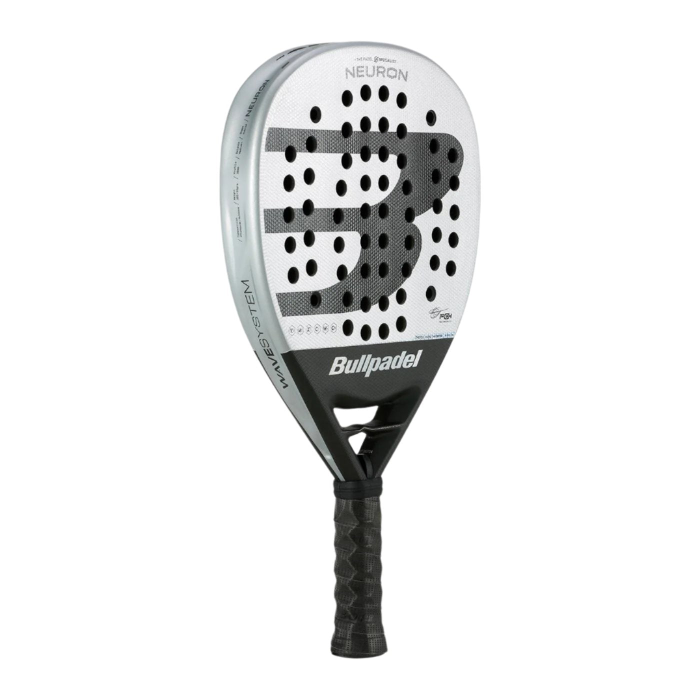 The Bullpadel Neuron 2025 Padel Racket from Bullpadel features a striking perforated white surface and black geometric design, prominently displaying "Neuron" at the top. Enhanced with X-TEND Carbon 3K technology for optimal performance, it includes a textured black handle for superior control.