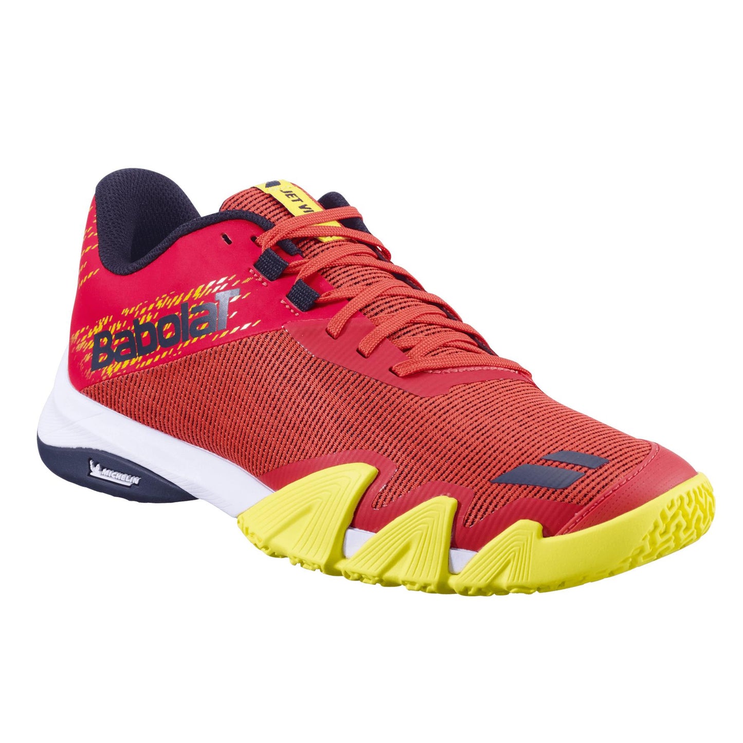 The Babolat Jet Viva Men's Padel Shoes in Poppy Red feature a textured mesh upper, supportive yellow sole, black and white accents, and a layered side pattern, making them ideal for dynamic padel play.
