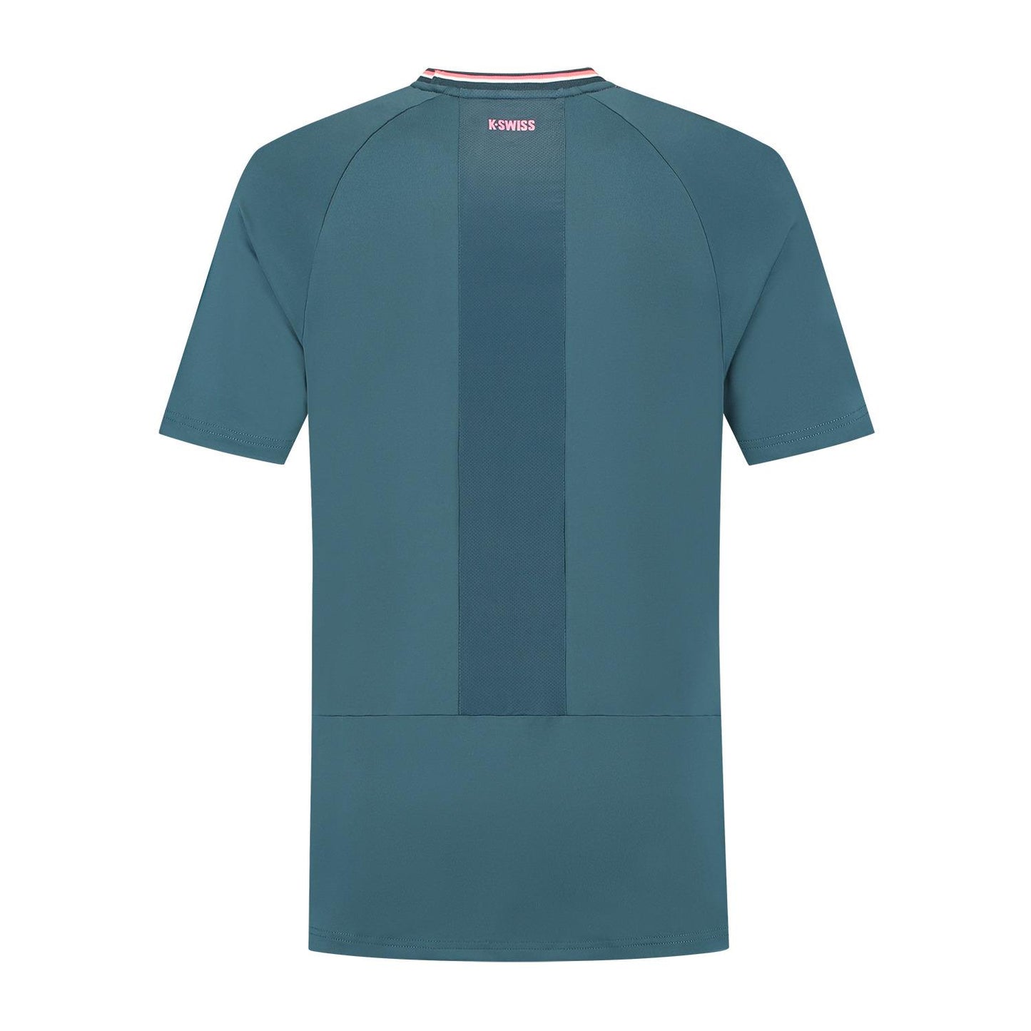 Back of the K-Swiss Hypercourt Mesh Crew 4 Men's Padel T-Shirt in Stargazer teal shows a vertical stripe and "K-SWISS" near the neckline, presenting a plain design without patterns or graphics.