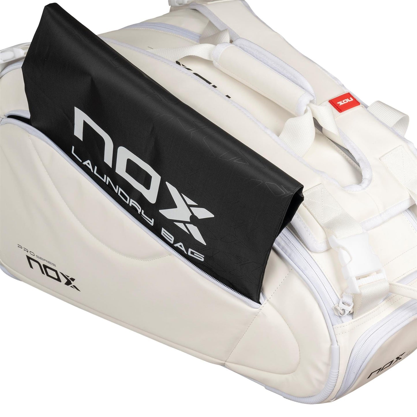 The NOX Pro Series Padel Racket Bag - White features padded straps, white zippers, and a side pocket showing a black pouch labeled "NOX LAUNDRY BAG." Part of the premium NOX Pro Series collection.
