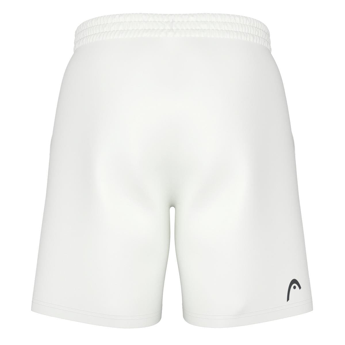 The HEAD Vision Power Men's Padel Shorts in white display a rear view showcasing an elastic waistband. A subtle logo from HEAD is positioned near the hem on one side, and the shorts offer 4-way stretch for improved mobility.