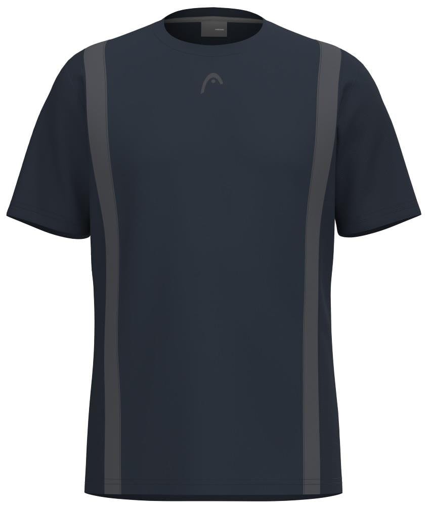 The HEAD Club Tech 25 Men's Padel T-Shirt in navy features short sleeves and subtle vertical stripes for a sleek look. Its chest logo and Moisture Transfer Microfiber ensure breathability, combining style and comfort in a modern design.