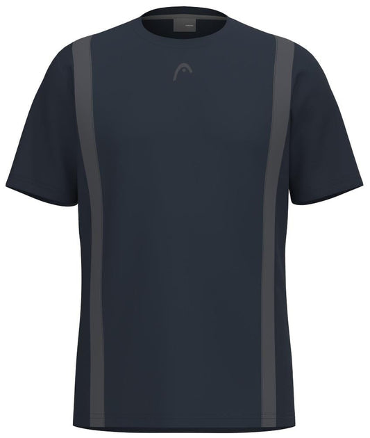 The HEAD Club Tech 25 Men's Padel T-Shirt in navy features short sleeves and subtle vertical stripes for a sleek look. Its chest logo and Moisture Transfer Microfiber ensure breathability, combining style and comfort in a modern design.