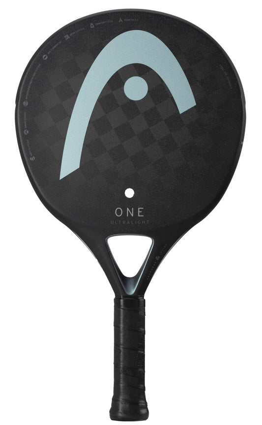 Introducing the HEAD One Ultralight Padel Racket - Black: This padel racket boasts a sleek black textured surface, enhanced by a light blue graphic design and a small white circle near the center. Its ultralight handle is wrapped in black grip tape, featuring "ONE" and "ULTRALIGHT" inscriptions that echo its modern aesthetic appeal.