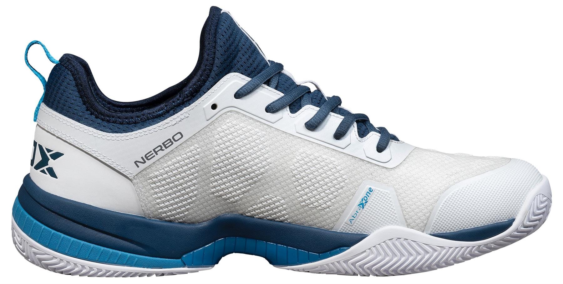 The NOX Nerbo Mens Padel Shoes in White/Swedish Blue feature mesh fabric, blue laces, a textured sole, and "NERBO" and "NOX" branding. Designed for comfort and performance with advanced tech, shown in side profile.