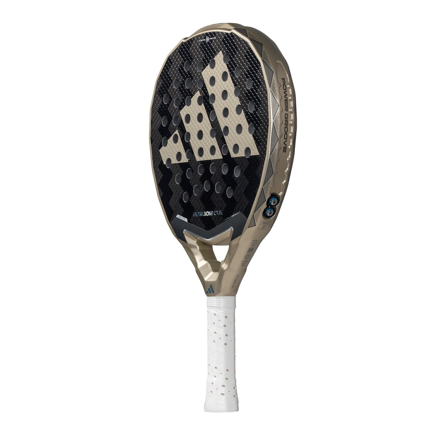 This adidas Metalbone CTRL 3.4 Padel Racket in gold boasts an octagonal structure and a large geometric logo. The handle is wrapped in white perforated grip tape, while its modern design features a patterned surface and angled edges for ideal weight and balance.