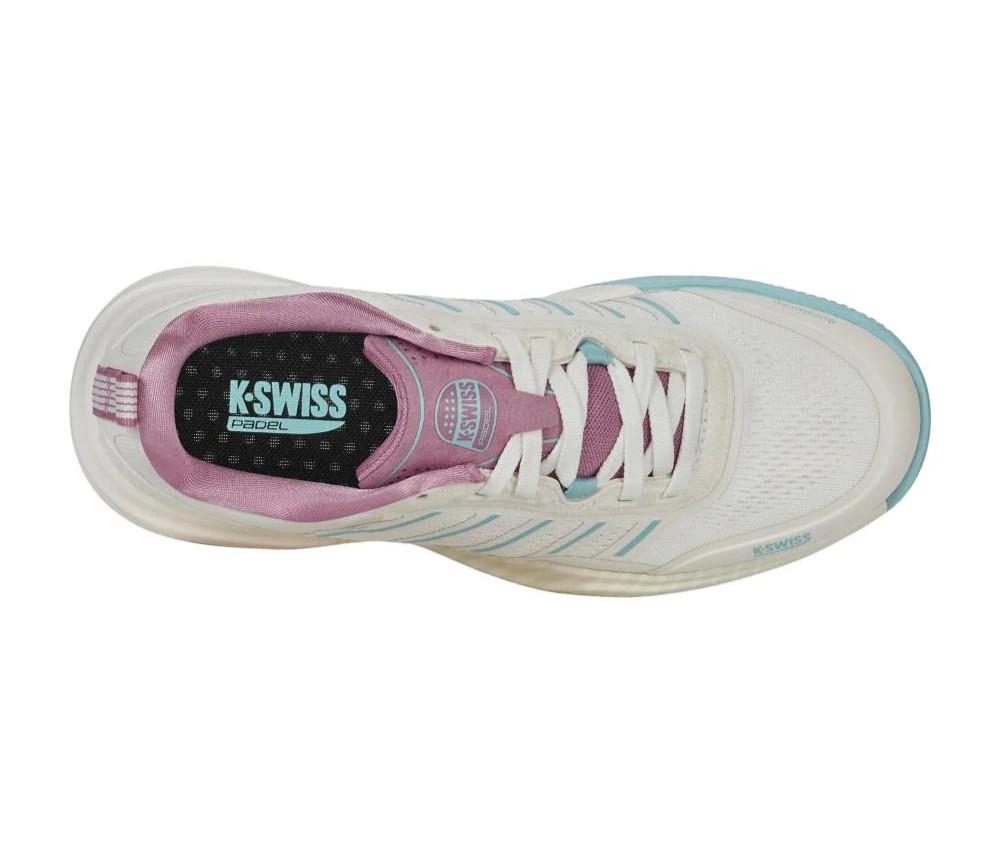 A top view of the K-Swiss Ultra Court Women's Padel Shoes in white, pink, and turquoise reveals a black insole featuring the K-Swiss logo. Part of the Padel Shoes collection, this lace-up shoe includes Drag Guard 7.0 technology for enhanced durability.