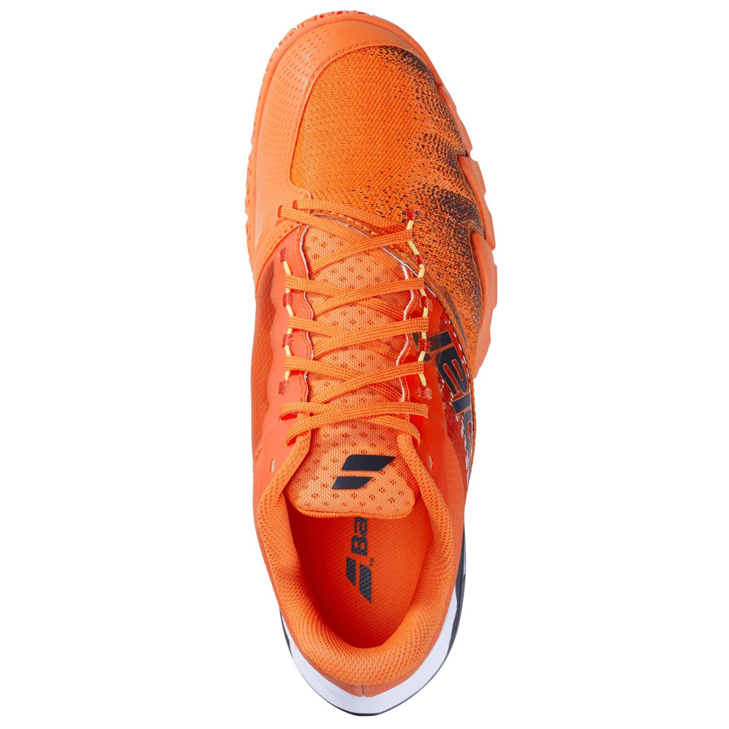 An overhead view of the Babolat Jet Premura 2 Men's Padel Shoes reveals vibrant orange shoes with black accents and laces, a logo and text on the tongue. It features a textured design and sturdy Michelin rubber sole, perfect for sports.