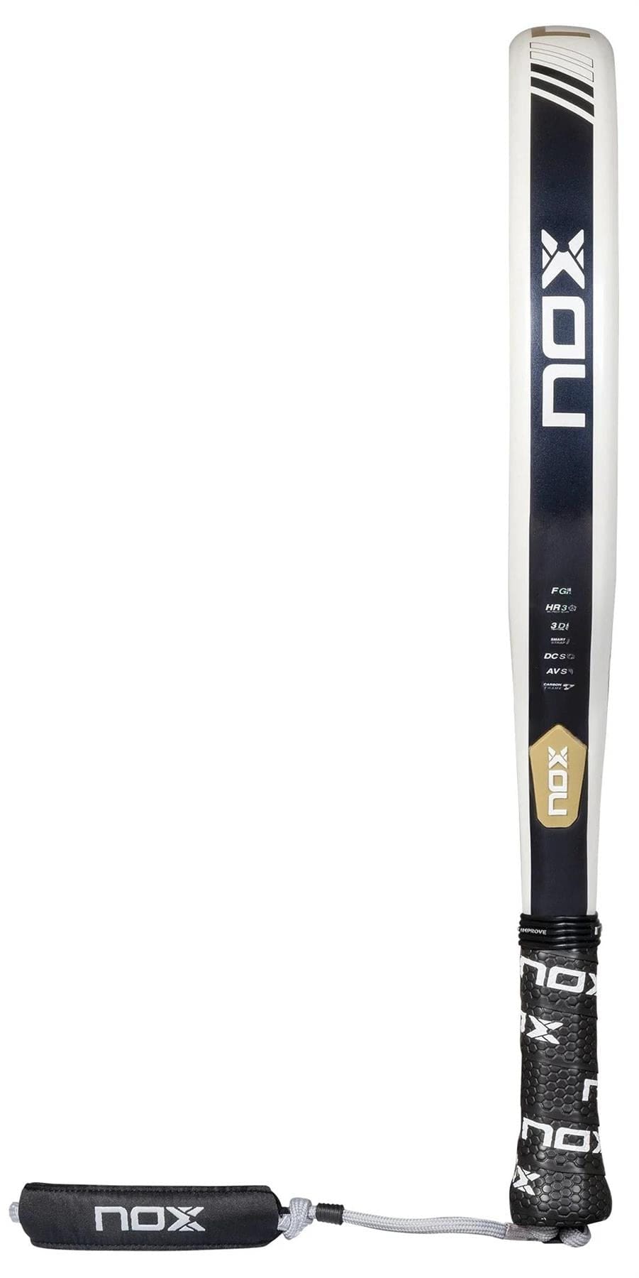 The NOX Equation Advance Series Padel Racket in white and black features a rectangular head, textured grip, and wrist strap. Shown vertically on a white background, it’s ideal for intermediate players.