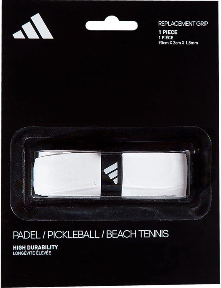 Introducing the ADIDAS Replacement Padel Grip - White by adidas, a versatile grip for padel, pickleball, and beach tennis. It's crafted with durable polyurethane for cushioning and measures 90cm x 2cm x 1.8mm as highlighted on the packaging.
