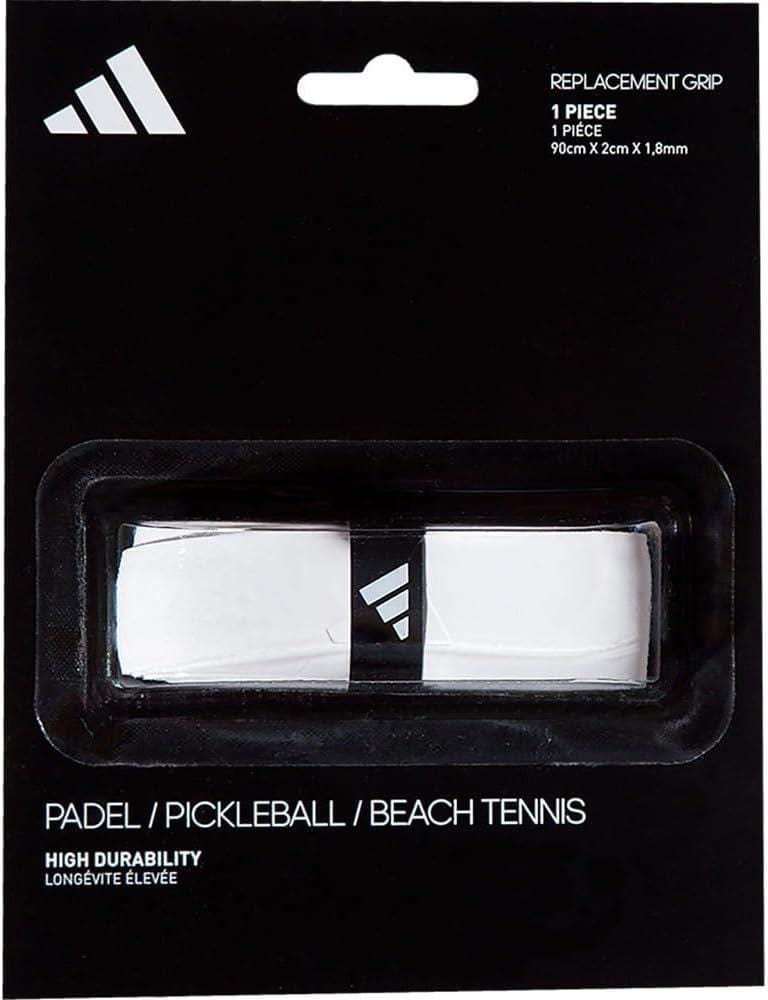 Introducing the ADIDAS Replacement Padel Grip - White by adidas, a versatile grip for padel, pickleball, and beach tennis. It's crafted with durable polyurethane for cushioning and measures 90cm x 2cm x 1.8mm as highlighted on the packaging.