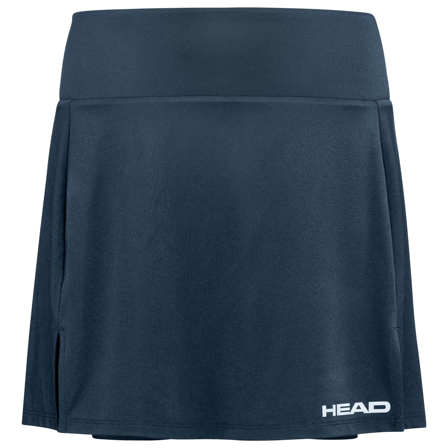 The HEAD Club Basic Women's Padel Skort Long in Navy combines comfort and style with a high waistband and side slit. The white "HEAD" logo adorns the bottom, while its Moisture Transfer Microfibre technology ensures you stay cool and dry.