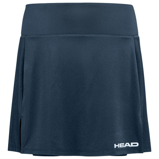 The HEAD Club Basic Women's Padel Skort Long in Navy combines comfort and style with a high waistband and side slit. The white "HEAD" logo adorns the bottom, while its Moisture Transfer Microfibre technology ensures you stay cool and dry.