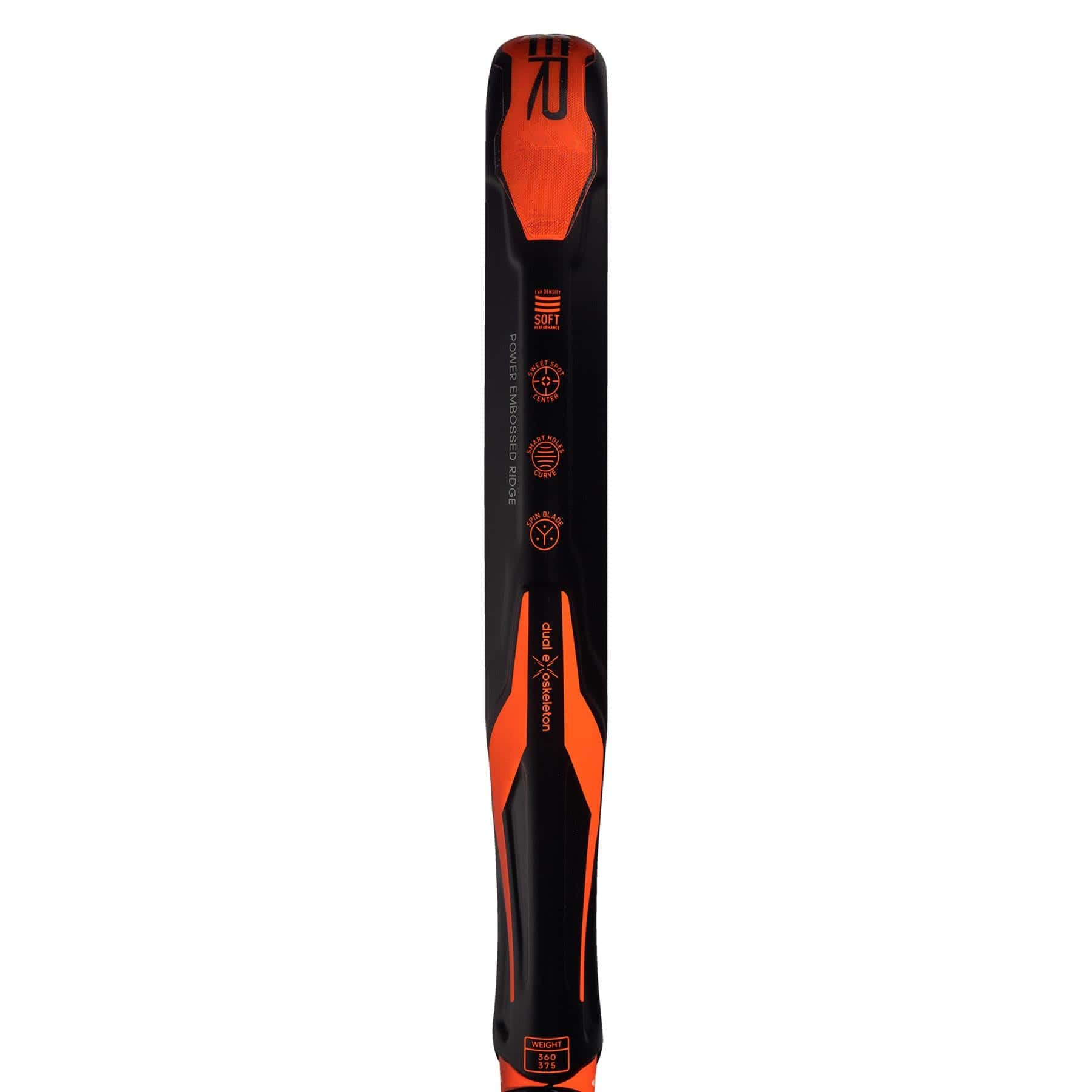 A close-up of the ADIDAS Adipower CTRL Team 3.3 Padel Racket in black with orange accents reveals brand logos and technical specifications. The racket boasts a sleek design with its distinctive head, providing control for intermediate players through its detailed construction and performance attributes.