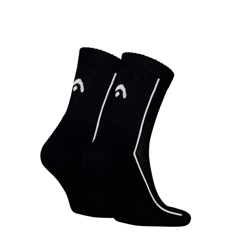 The HEAD Performance Short Crew Padel Socks pack in black features a white logo near the top and a vertical stripe down the front. Designed with a ribbed cuff, cushioned sole, and arch support for optimal comfort, this 2-pack from HEAD is perfect for athletic performance.