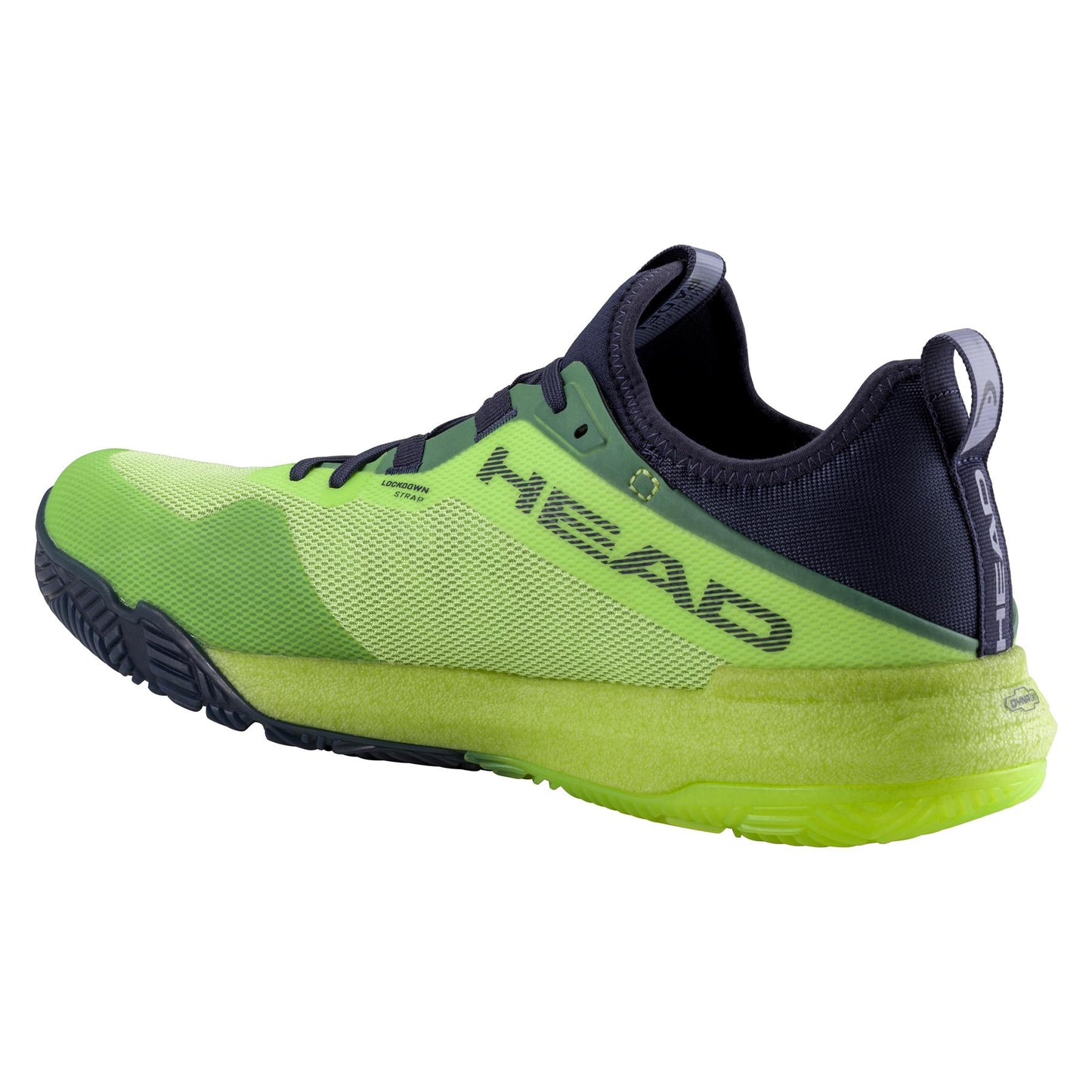 Introducing the HEAD Motion Pro Men's Padel Shoes in lime and navy, featuring a textured sole for dynamic traction and DynaFoam cushioning. Designed for 360-degree movement, these athletic shoes prominently display the HEAD brand name on the side.