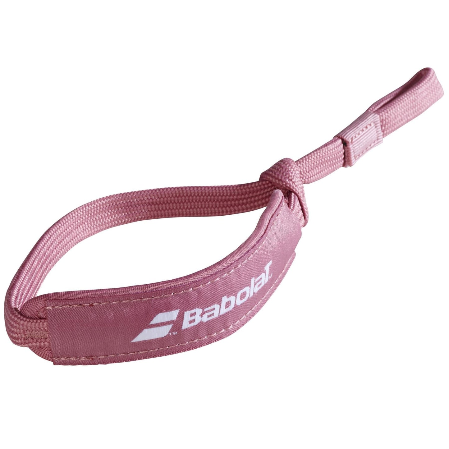 A coral Babolat Padel wrist strap with white branding, featuring an adjustable loop and ribbed texture for added grip, perfectly compatible with Smart Buttcap rackets.