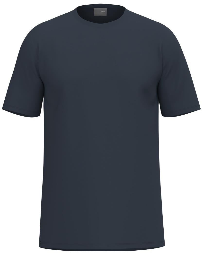 The HEAD Simple Men's Padel T-Shirt in navy features a plain, short-sleeved design with a round neckline, crafted from polyester interlock and shown on a white background.