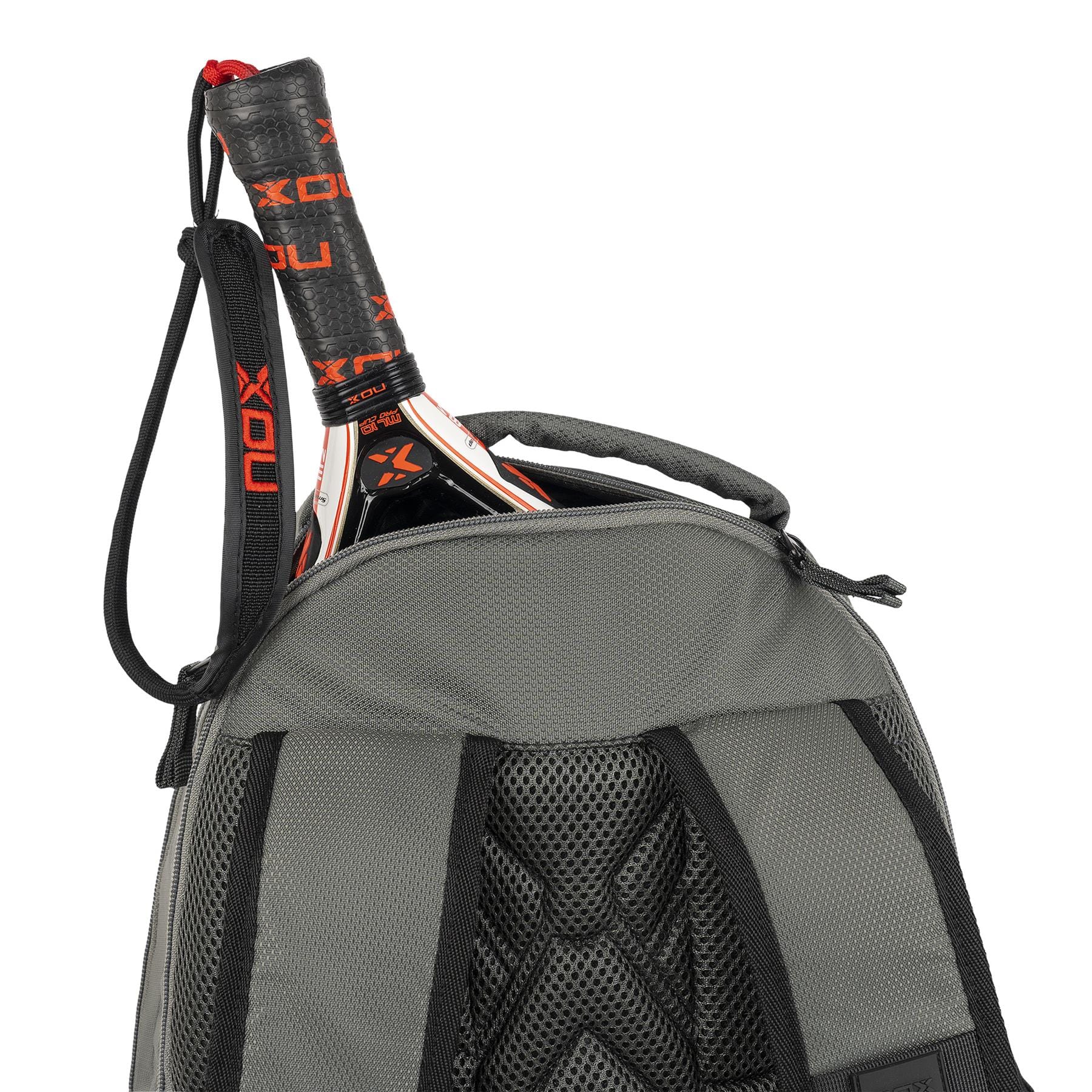 A close-up of the NOX Street Series Padel Backpack - Grey by NOX shows a partially unzipped top, revealing ergonomic padded straps and the handle and top of a black and red padel racket inside.