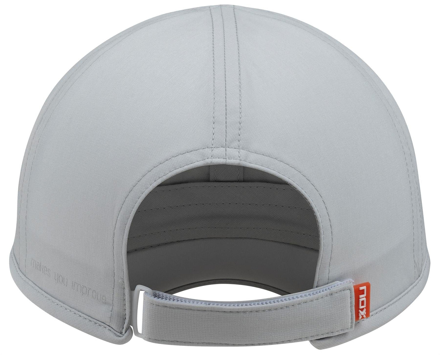 The NOX Padel Cap - Grey by NOX is shown from the back, highlighting its lightweight, breathable design, adjustable Velcro strap with an opening above it, and a small orange tag attached to the strap.