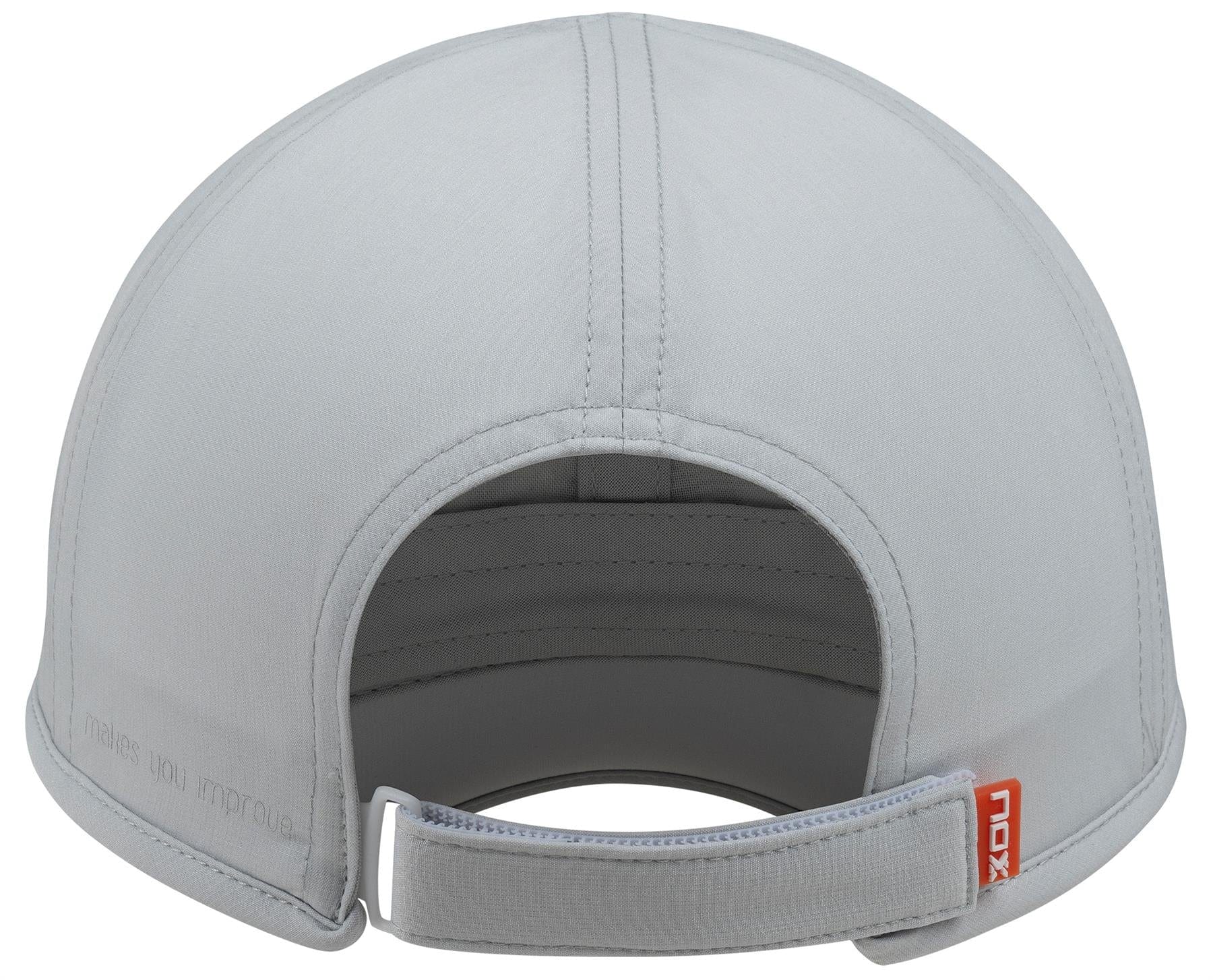 The NOX Padel Cap - Grey by NOX is shown from the back, highlighting its lightweight, breathable design, adjustable Velcro strap with an opening above it, and a small orange tag attached to the strap.
