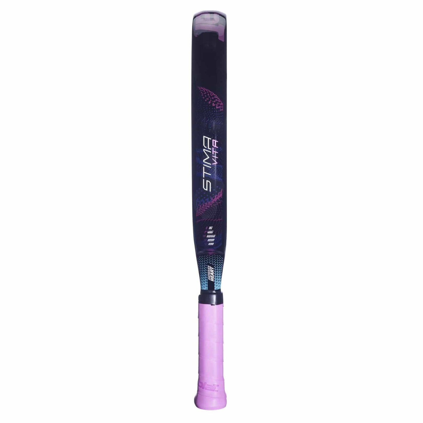 The Babolat Stima Vita Padel Racket in black and purple features blue and pink accents, a light purple grip, and a design inspired by lightweight padel rackets. Brand: Babolat.