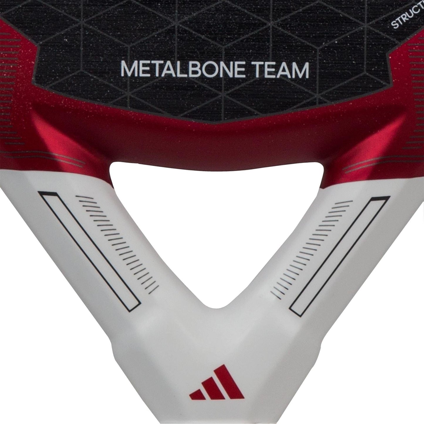 A detailed view of the handle of the ADIDAS Metalbone Team 3.3 Padel Racket - Red showcases a geometric pattern along with "METALBONE TEAM" prominently featured. The red, black, and white color scheme with sleek linear accents and a small emblem at the bottom enhances its performance-focused design, perfectly complementing its diamond-shaped head.