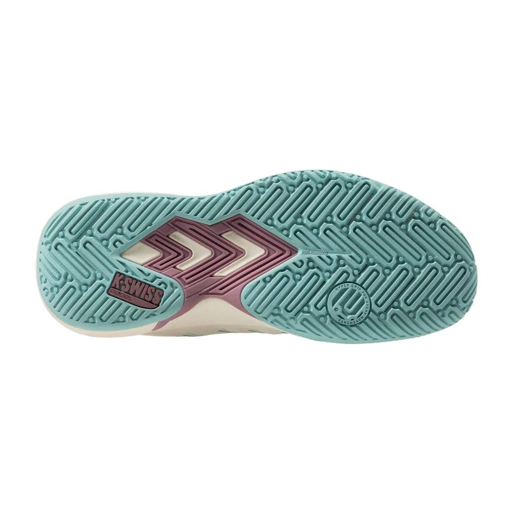 The image features the sole of the K-Swiss Ultra Court Women's Padel Shoes with a textured pattern in pale teal and burgundy hues. "K-SWISS" is prominently displayed on the burgundy section, showcasing the shoe's innovative Tennis technologies.