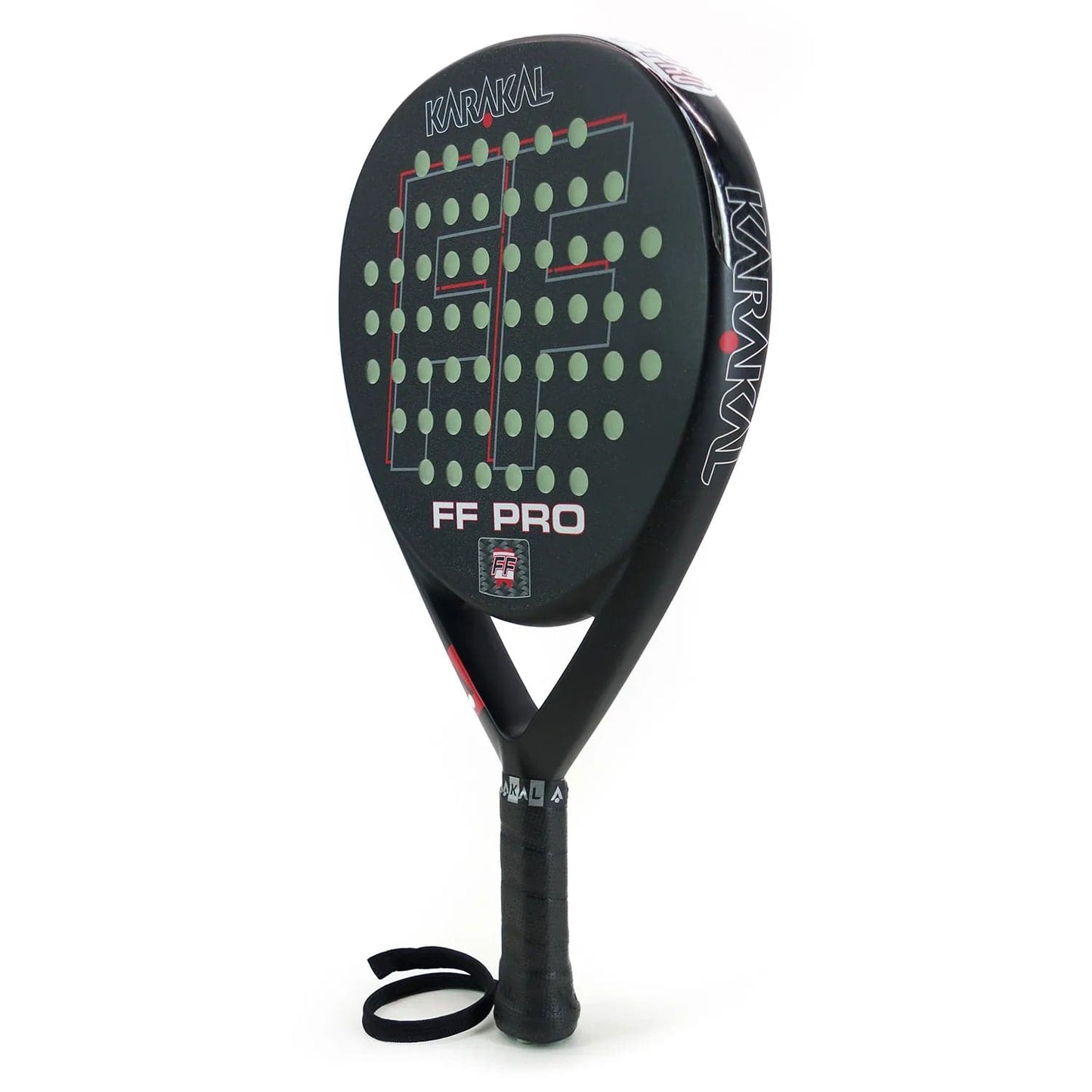 The Karakal FF Pro 375 Padel Racket - Black is equipped with a perforated surface designed to improve spin shots. Branded with "Karakal" and "FF Pro," this racket features a wrist strap on the handle to ensure secure play.