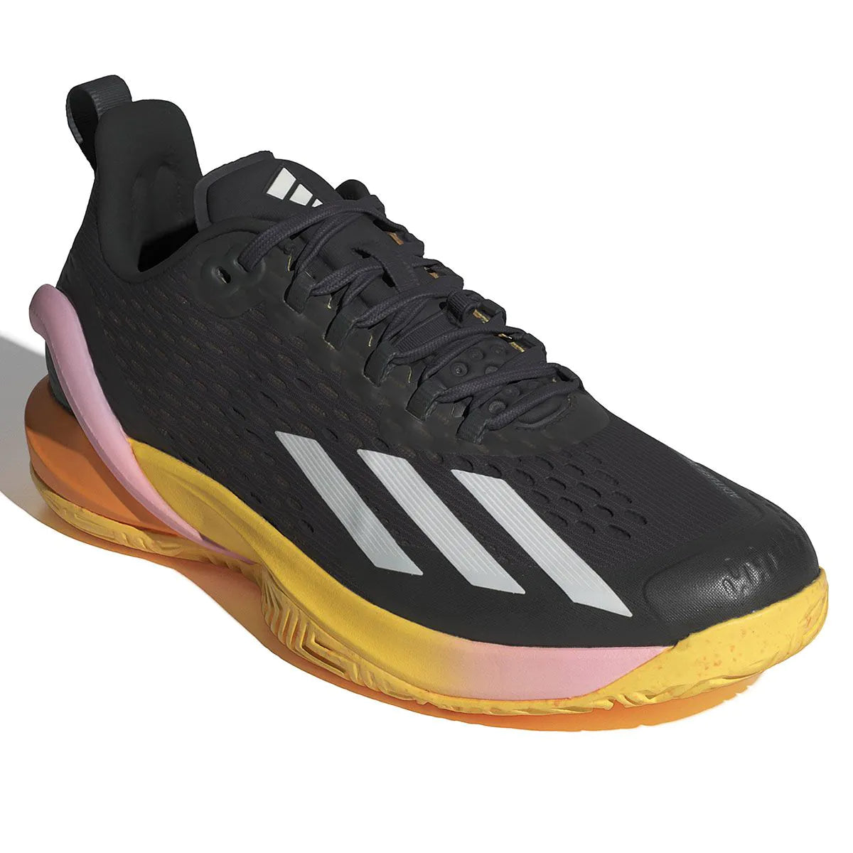 The ADIDAS Adizero Cybersonic Mens All Court Shoes in Aurora Black/Zero Metallic/Spark showcase a textured upper with white stripes and are equipped with a colorful sole featuring vibrant pink, yellow, and orange shades. These sleek shoes by adidas include Energy Rods for improved performance and have a convenient pull tab on the heel.