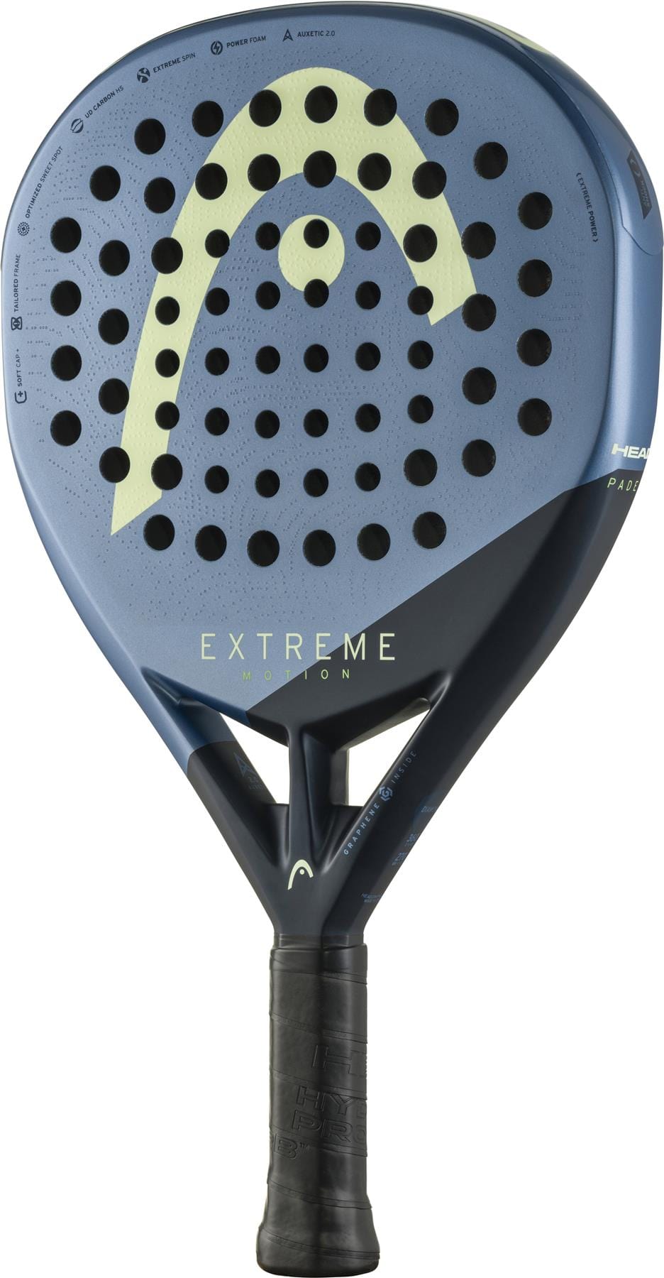 The HEAD Extreme Motion 2025 Padel Racket - Blue features a large logo, circular perforations, and a black grip—ideal for players seeking stylish performance and power.