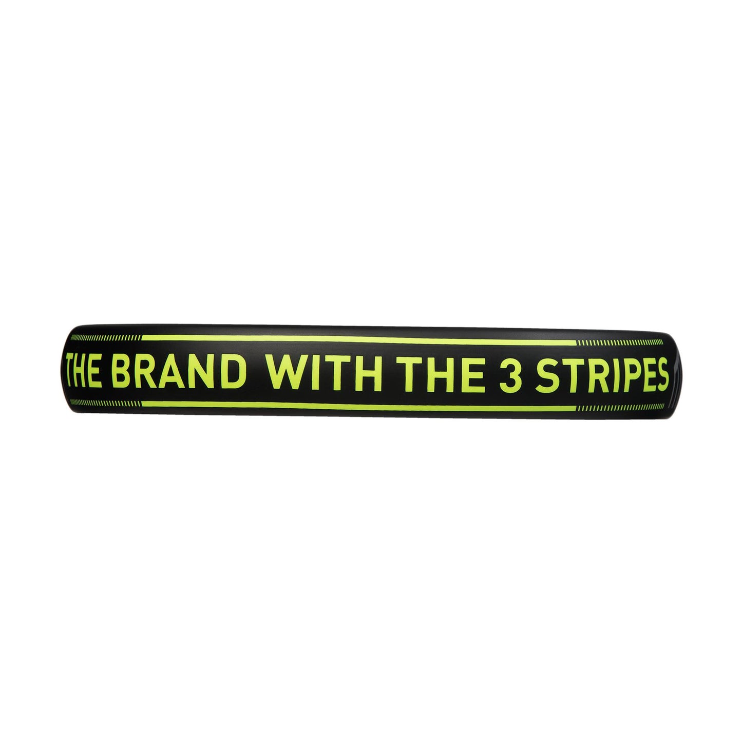 Introducing the ADIDAS Match 3.3 Padel Racket in sleek black and vibrant lime, ideal for beginner players and prominently displaying "THE BRAND WITH THE 3 STRIPES" in bold neon green text.