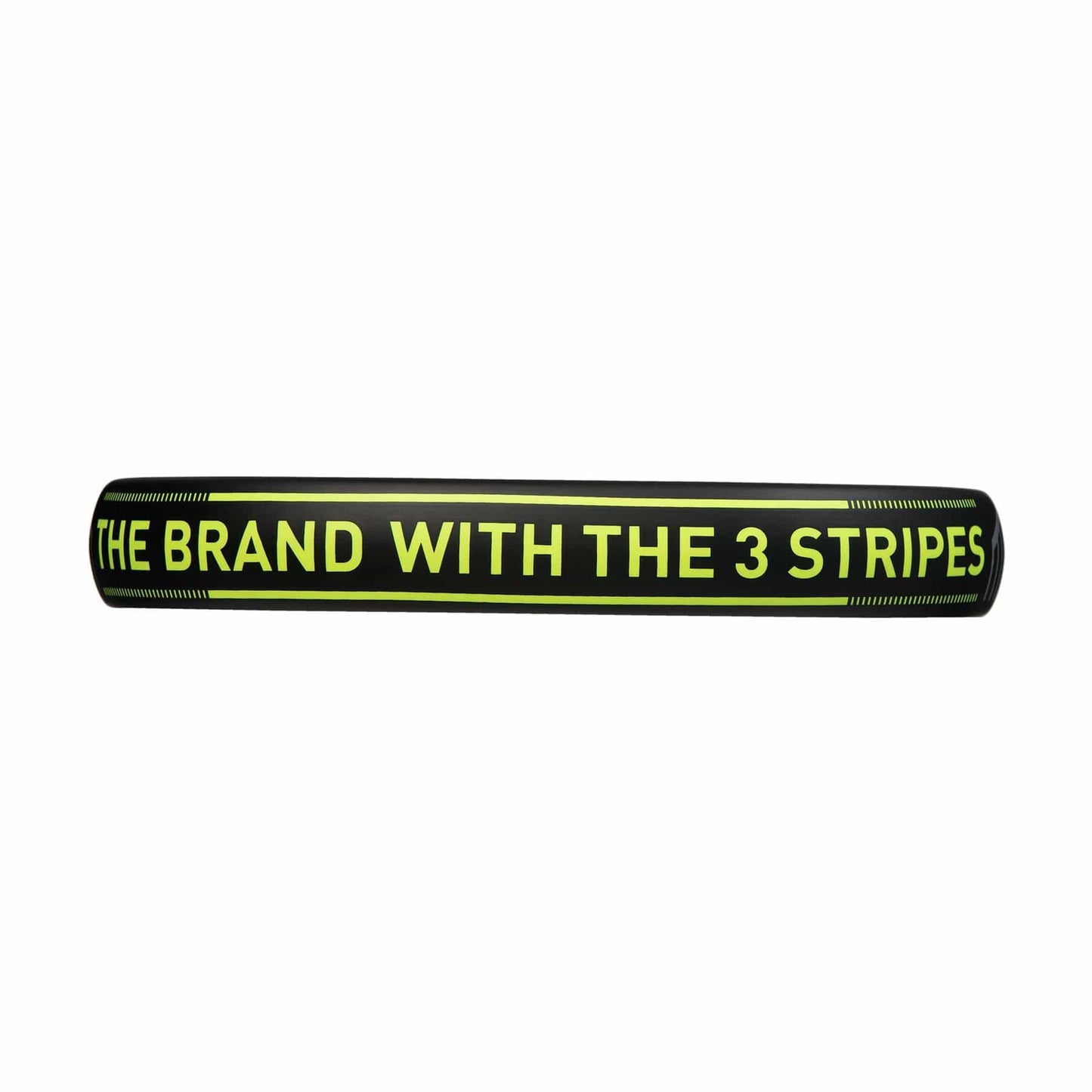 Introducing the ADIDAS Match 3.3 Padel Racket in sleek black and vibrant lime, ideal for beginner players and prominently displaying "THE BRAND WITH THE 3 STRIPES" in bold neon green text.