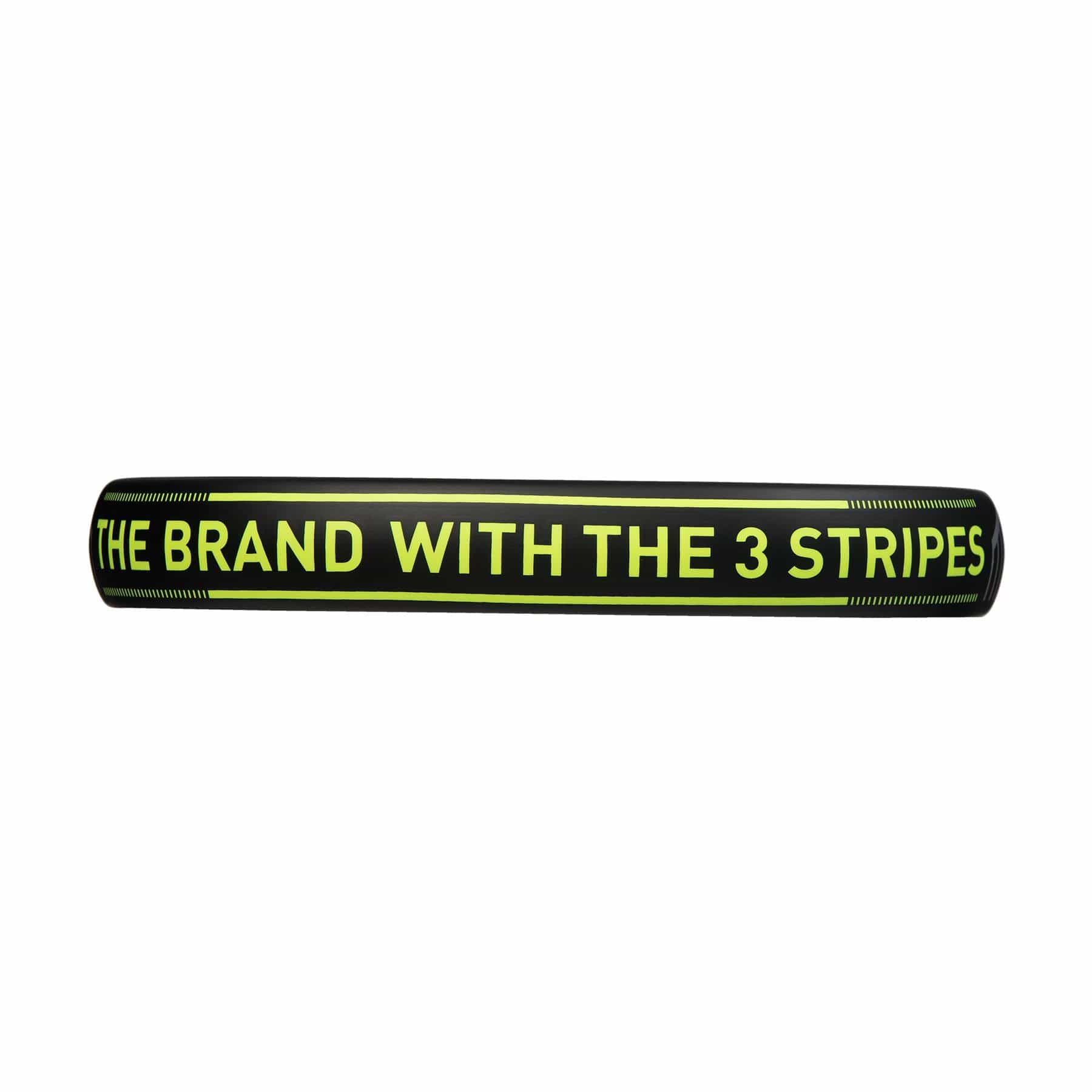 Introducing the ADIDAS Match 3.3 Padel Racket in sleek black and vibrant lime, ideal for beginner players and prominently displaying "THE BRAND WITH THE 3 STRIPES" in bold neon green text.