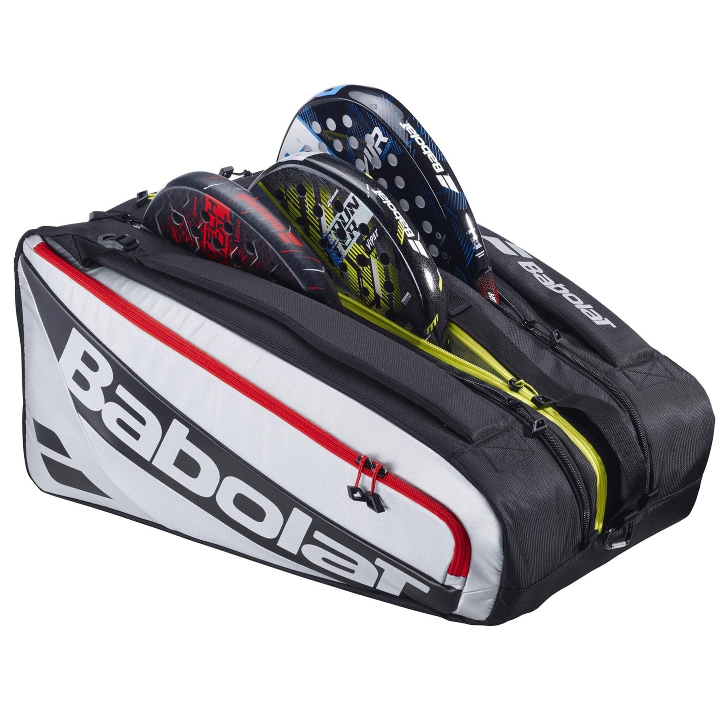 The Babolat RH Pro 4 Racket Padel Bag in black and silver is unzipped, revealing three rackets inside. This spacious bag has visible compartments and bold Babolat branding for organized storage.