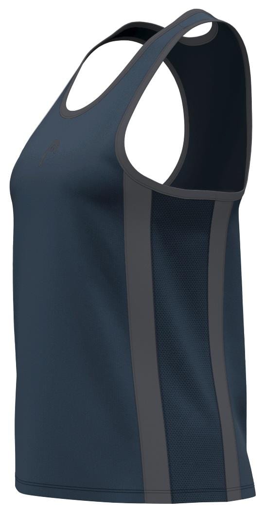 The HEAD Club 25 Tech Women's Padel Tank Top in navy offers a racerback, dark blue sleeveless design with gray side panels. Featuring Moisture Transfer Microfiber technology for breathability and subtle HEAD branding, it's ideal for an active lifestyle.