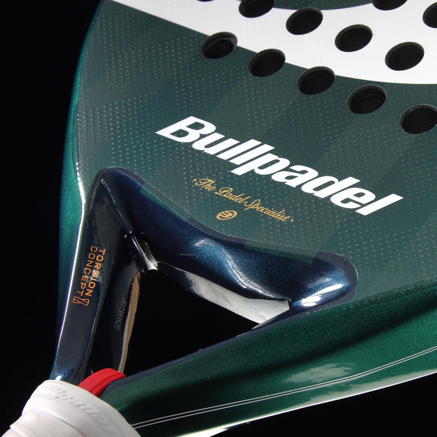 Close-up of a Bullpadel Icon 2026 Padel Racket in green, featuring the Bullpadel brand name and logo, circular holes on the racket face, and a white-gripped handle—favored by professional player Juan Martín Díaz.