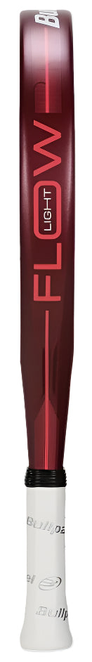 Side view of the red Bullpadel Flow Light 2025 Padel Racket with "FLOW" vertically in red. Wrapped in white grip tape, it offers excellent maneuverability and control.