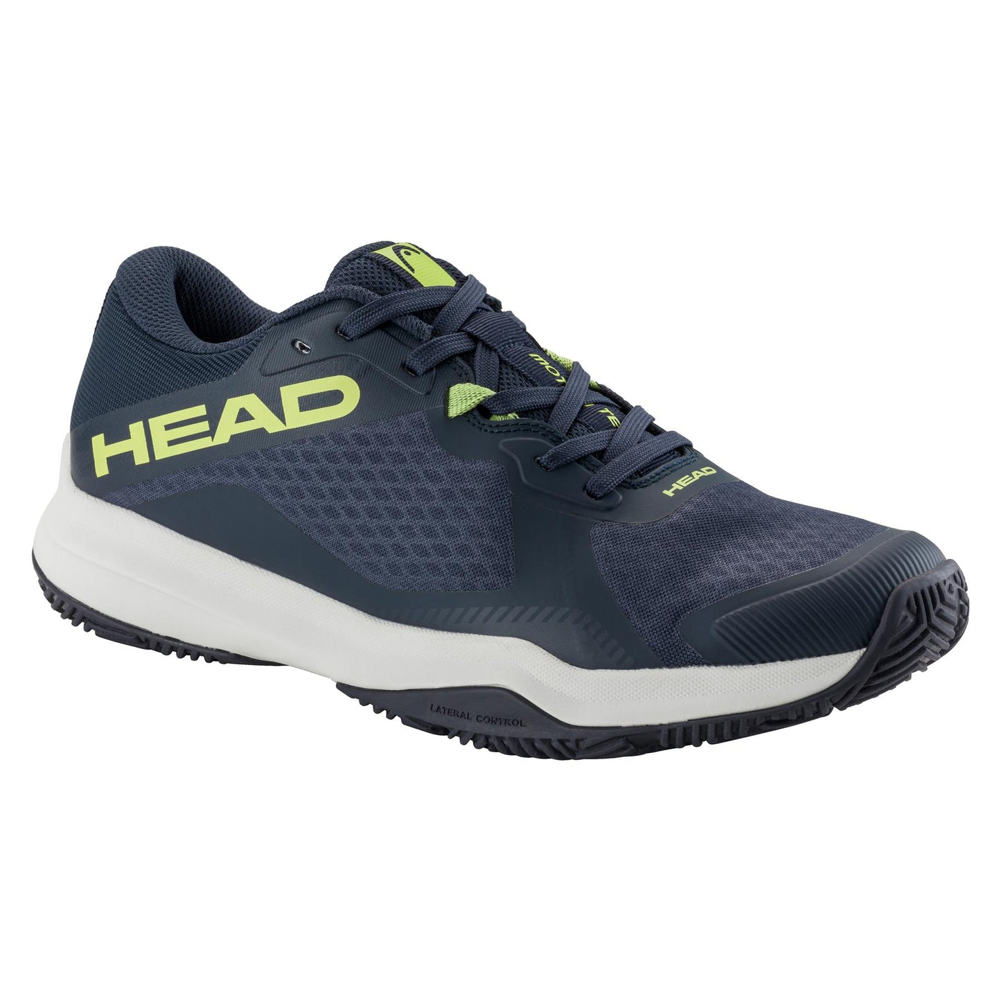 The HEAD Motion Team Men's Padel Shoes in navy and lime feature a breathable mesh upper, a white sole, and neon yellow accents with the brand name "HEAD" on the side. The textured tread ensures 360-degree grip and lateral control.