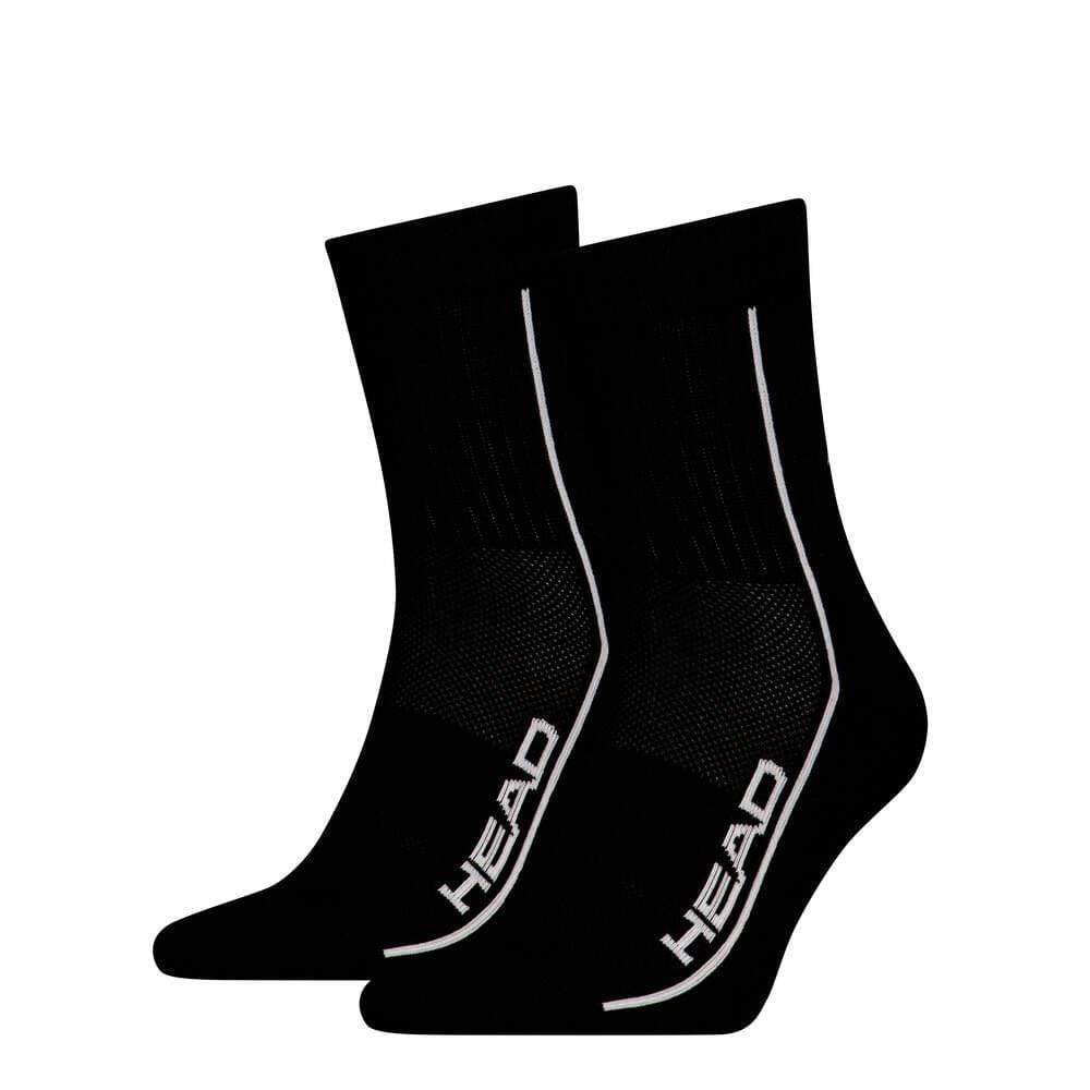 The HEAD Performance Short Crew Padel Socks (2 Pack) in black feature a white vertical stripe and "HEAD" text. Designed for sports or casual wear, these socks include ribbed cuffs, textured sections, and arch support.
