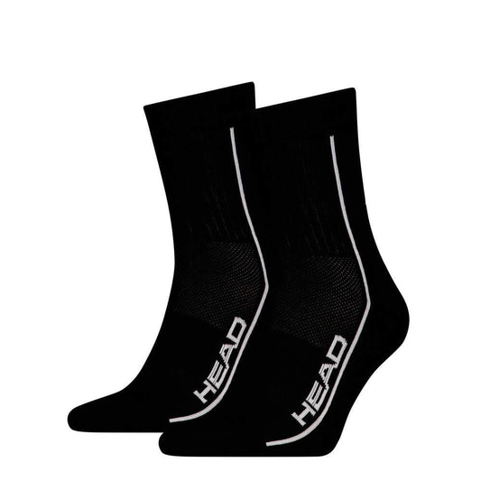 The HEAD Performance Short Crew Padel Socks (2 Pack) in black feature a white vertical stripe and "HEAD" text. Designed for sports or casual wear, these socks include ribbed cuffs, textured sections, and arch support.