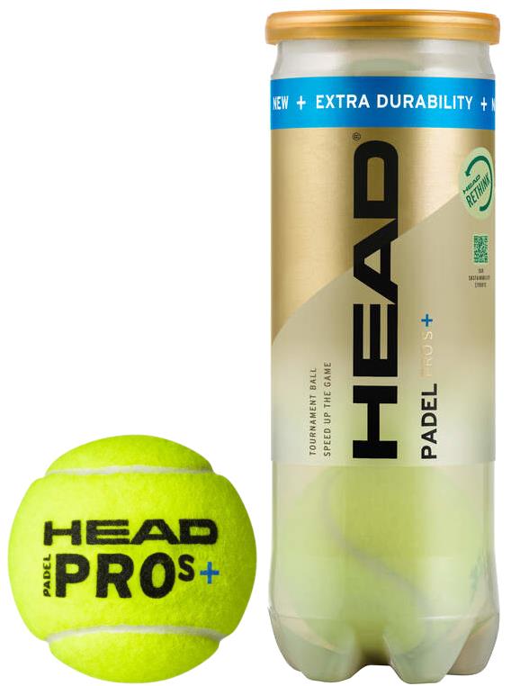 The HEAD Padel Pro S+ Padel Balls come in a 3-ball tube and feature the "Extra Durability" and "Padel Plus+" logos. Each yellow ball displays the "Head Pro S+" logo, offering an eco-friendly packaging option for a premium tournament experience.