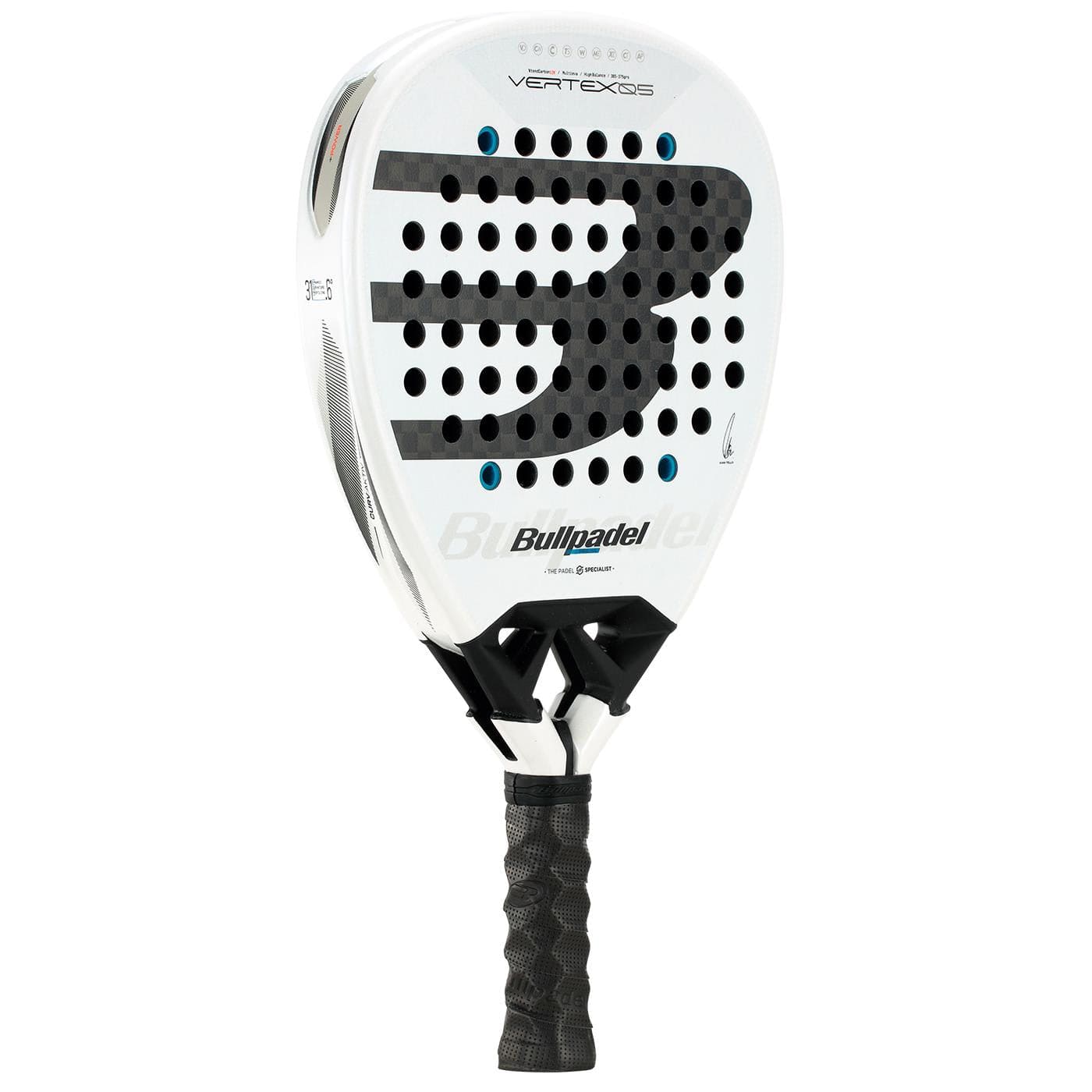 The Bullpadel Vertex 05 2026 Padel Racket by Bullpadel features a white and black design with a black grip and large face perforations, shown upright against a white background.