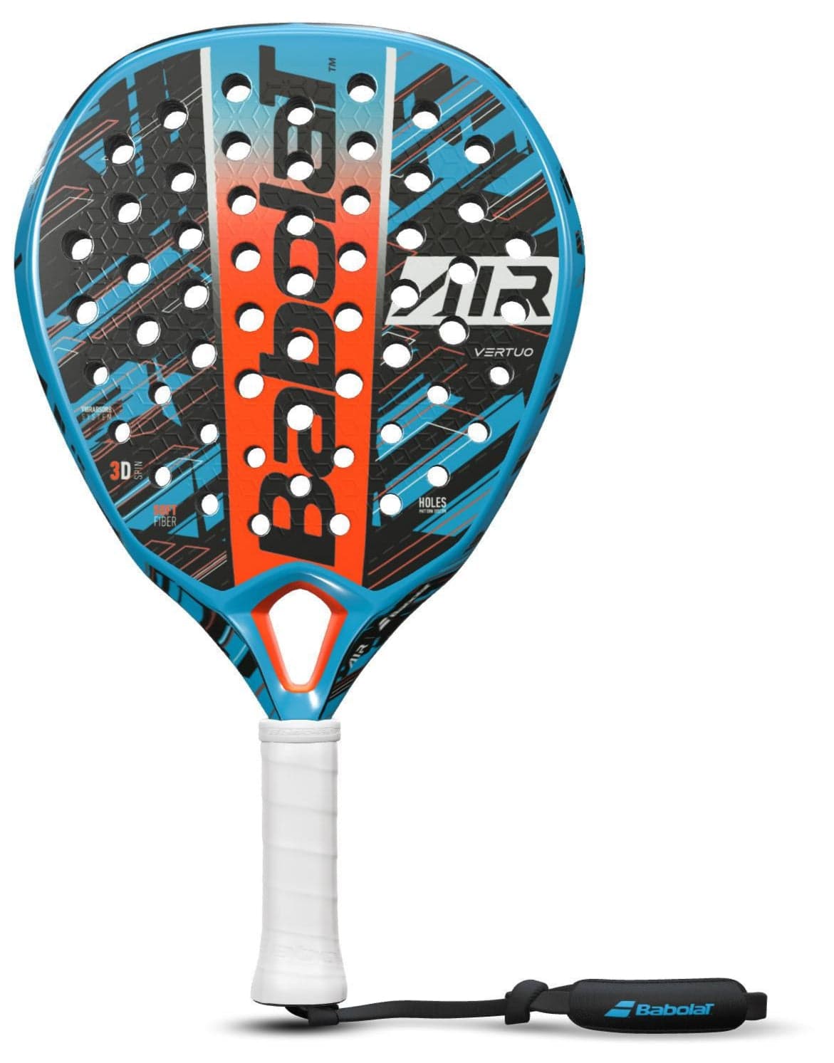 The Babolat Air Vertuo Padel Racket - Blue / Black is a contemporary racket boasting a blue and black geometric design complemented by an orange accent at the center. Renowned for delivering effortless power and minimizing vibrations, it prominently displays the Babolat brand name. Additionally, it features a white grip and includes a wrist strap attached to the handle.