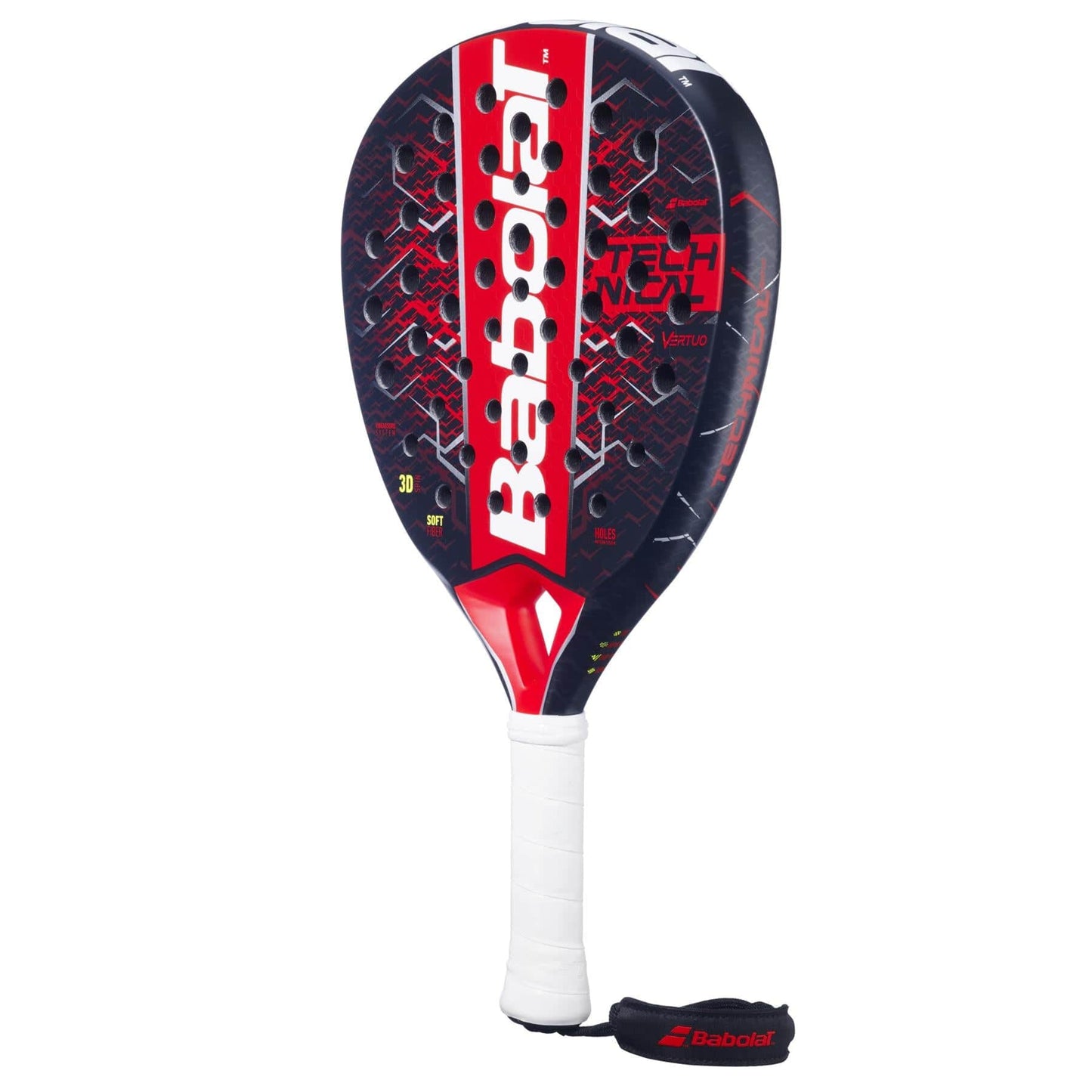 The Babolat Technical Vertuo 2.5 Padel Racket in red and black features a white grip, bold red Babolat branding, and a branded wrist strap. It delivers effortless power and precision on the court.