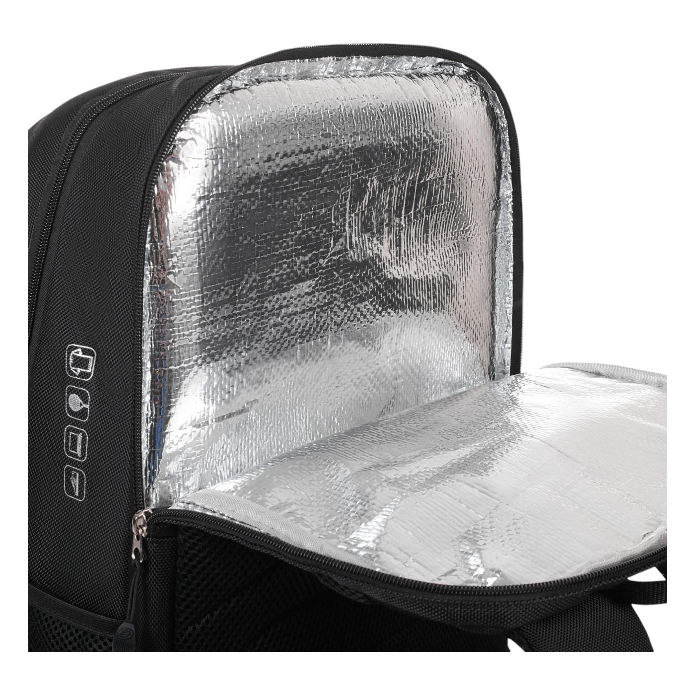 The Bullpadel Vertex 25 Padel Backpack in black features an insulated compartment with reflective silver lining, ideal for gear temperature control. Printed icons on the side highlight its tennis-ready features, ensuring all your equipment needs are met.