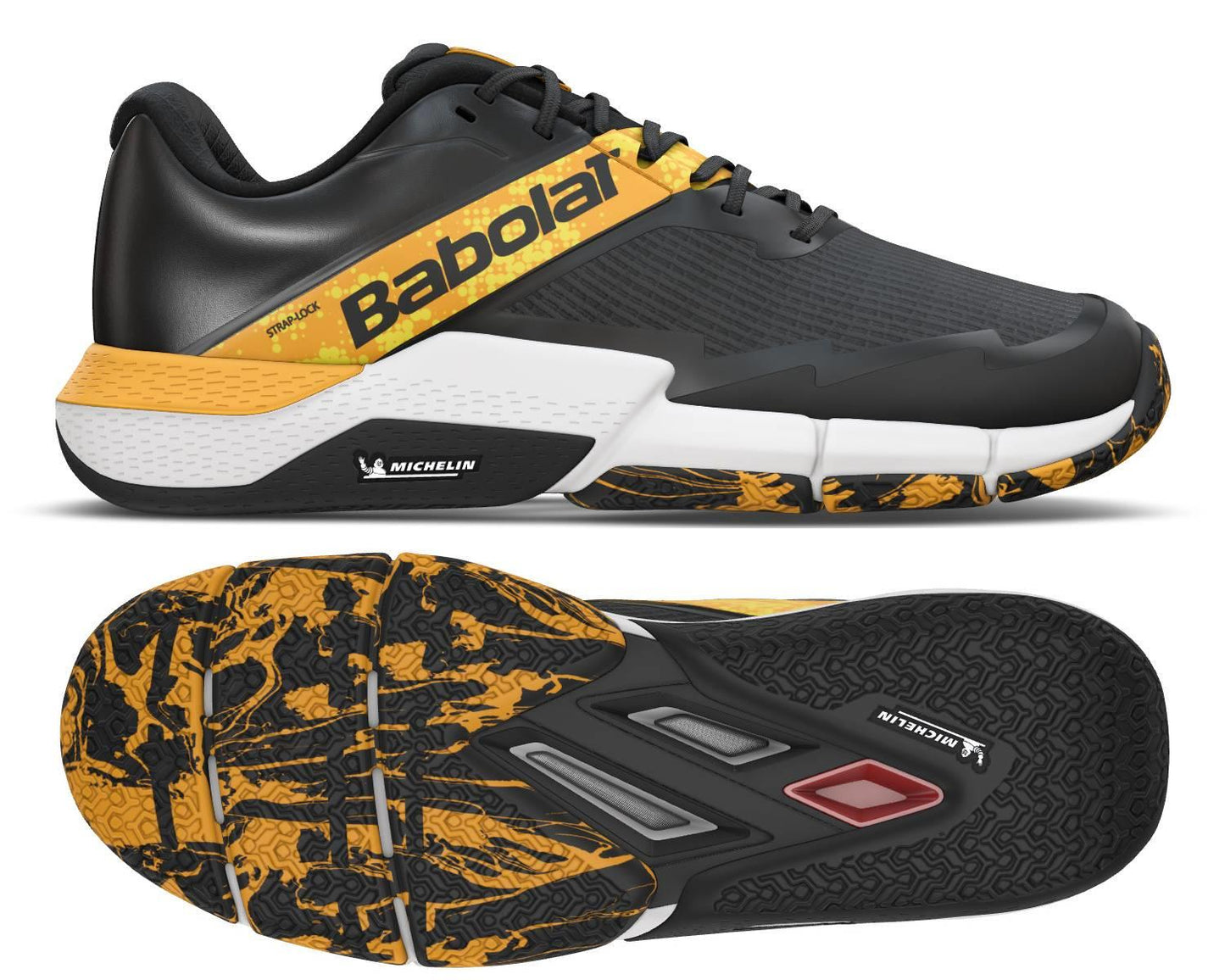 The Babolat Movea 2 Men's Padel Shoes in Black/Saffron feature a sleek design with "Babolat" branding. The side view showcases the detailed sole pattern, accented in black and saffron, while the Michelin Padel logo adds a touch of excellence on both the sides and sole.