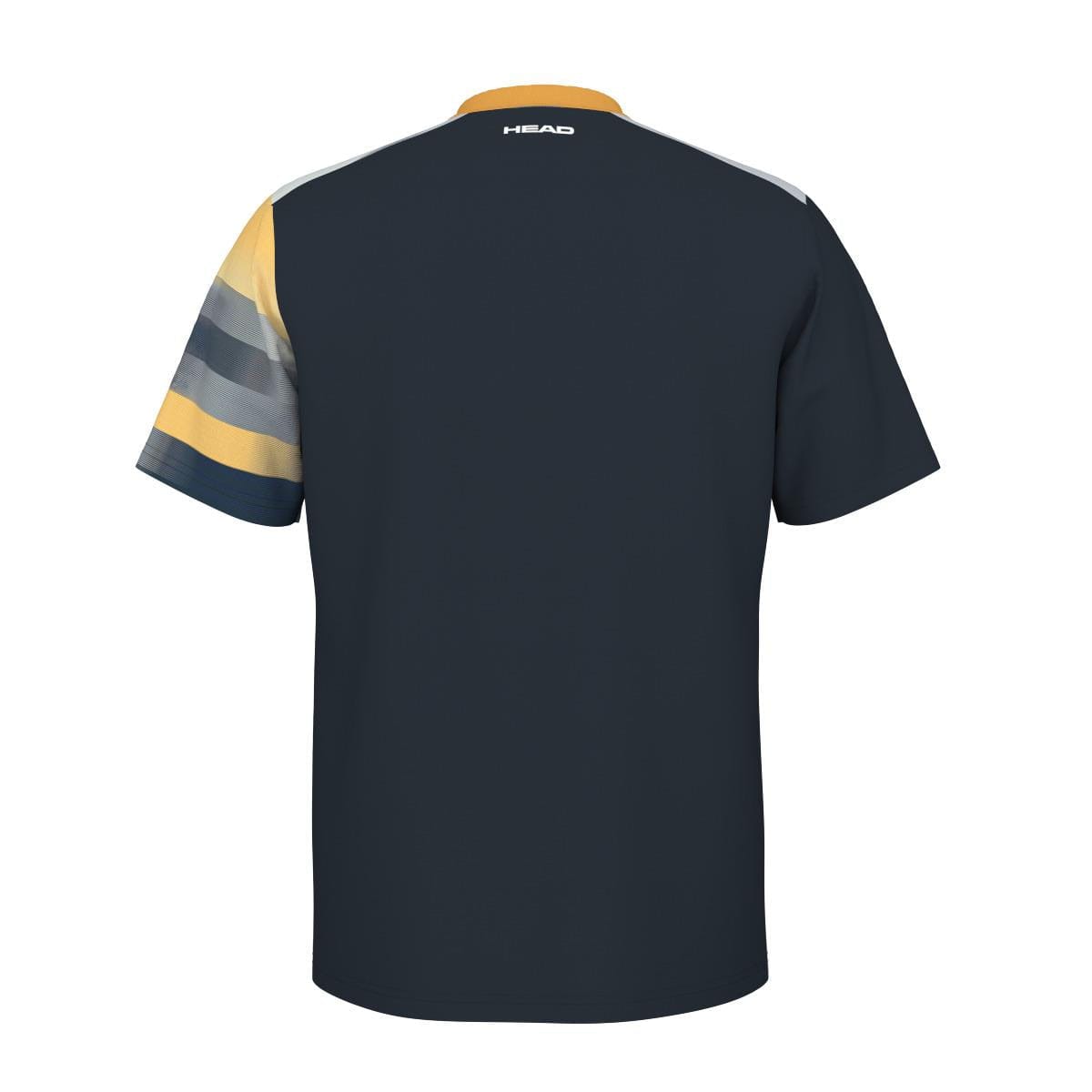 Back view of the HEAD Vision Topspin Men's Padel T-Shirt - NVXV in a dark color with short sleeves. One sleeve displays horizontal stripes in black, gray, and yellow. The upper back near the neckline features the HEAD brand name, crafted from moisture transfer microfiber for maximum comfort.