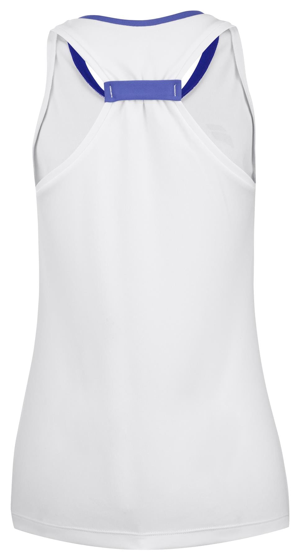 The image displays the back view of a white Babolat Play Women's Padel Tank Top, highlighted with blue accents on the straps and neckline. Designed with Fiber Dry-polyester, the fabric is lightweight and breathable, making it perfect for athletic activities.