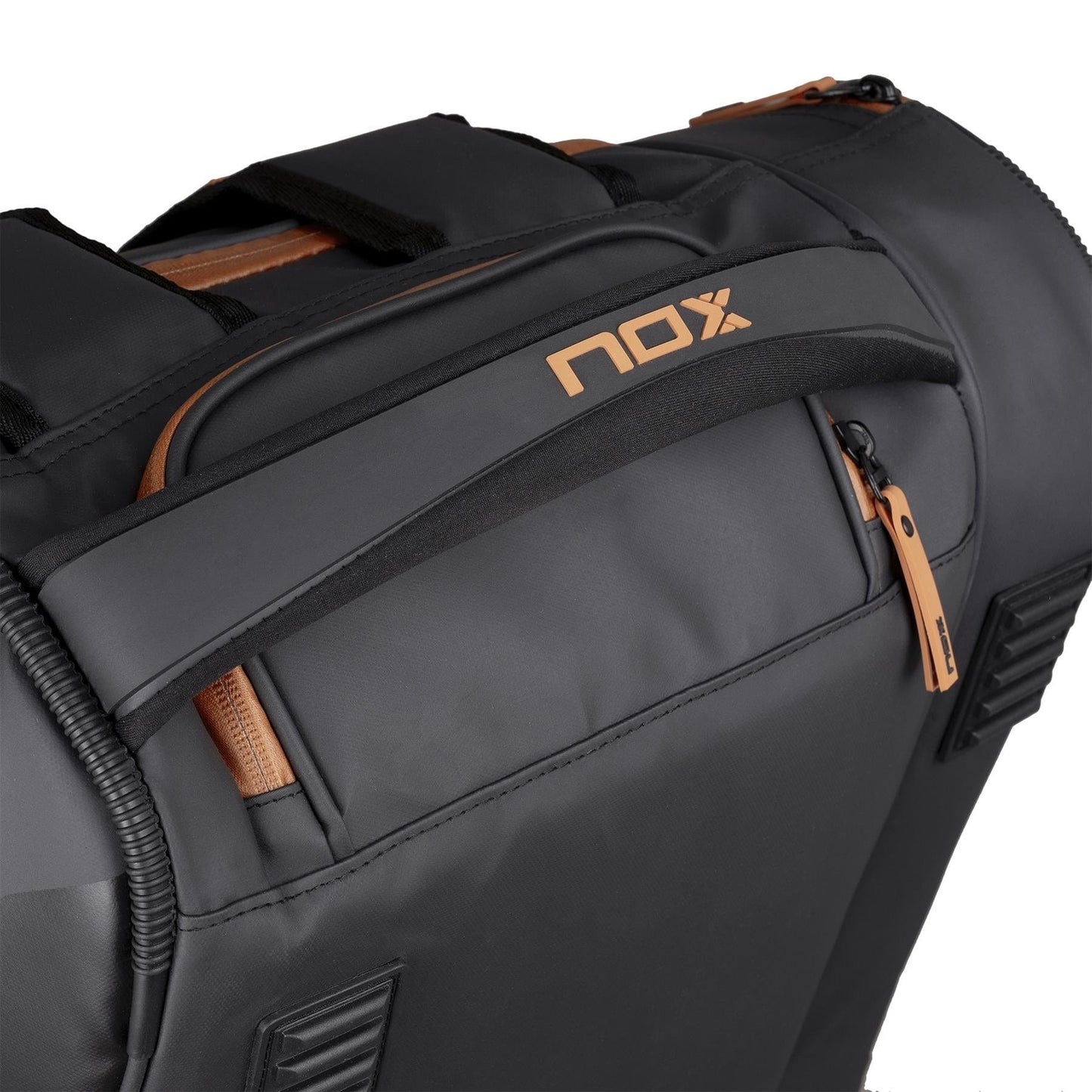 Close-up of the NOX Luxury Open Series Padel Racket Bag - Black / Brown, showcasing the NOX logo on the handle, brown accents, zippered pocket, padded straps, and a NOX ThermoTech thermal compartment.